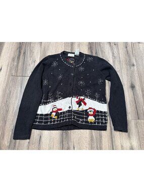 White Stag Ladies FLAWED L 12/14 Black Christmas Cardigan Sweater With Penguins